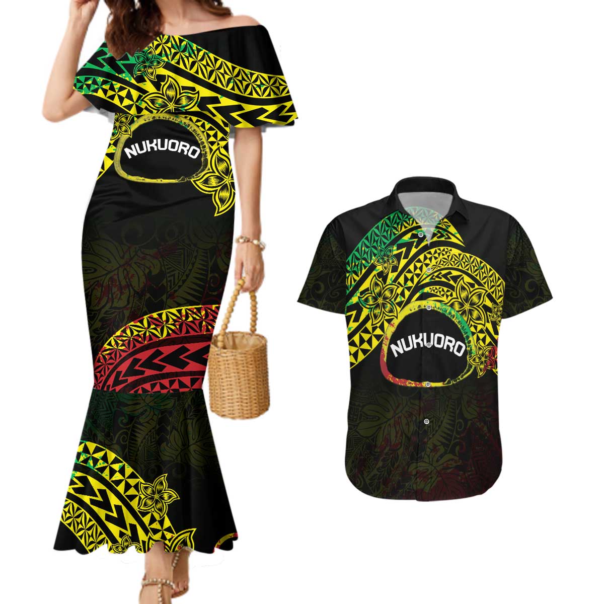 Personalised Nukuoro Atoll Couples Matching Mermaid Dress and Hawaiian Shirt Polynesian Tattoo Curves Reggae Version