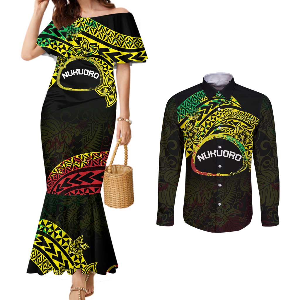 Personalised Nukuoro Atoll Couples Matching Mermaid Dress and Long Sleeve Button Shirt Polynesian Tattoo Curves Reggae Version