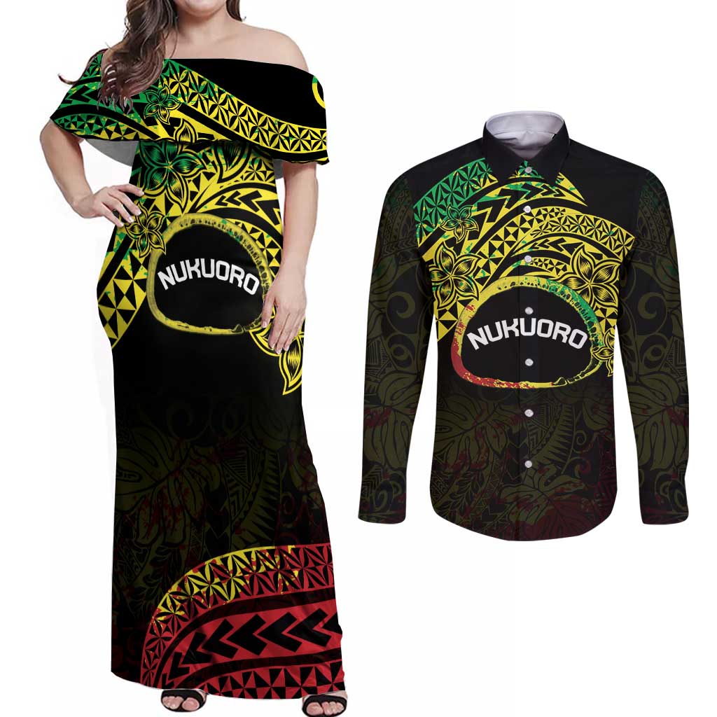 Personalised Nukuoro Atoll Couples Matching Off Shoulder Maxi Dress and Long Sleeve Button Shirt Polynesian Tattoo Curves Reggae Version