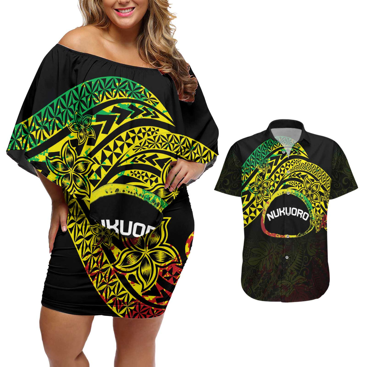 Personalised Nukuoro Atoll Couples Matching Off Shoulder Short Dress and Hawaiian Shirt Polynesian Tattoo Curves Reggae Version