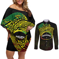 Personalised Nukuoro Atoll Couples Matching Off Shoulder Short Dress and Long Sleeve Button Shirt Polynesian Tattoo Curves Reggae Version