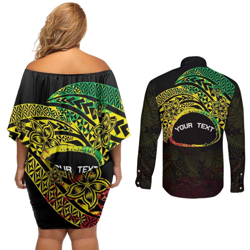 Personalised Nukuoro Atoll Couples Matching Off Shoulder Short Dress and Long Sleeve Button Shirt Polynesian Tattoo Curves Reggae Version