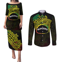 Personalised Nukuoro Atoll Couples Matching Puletasi and Long Sleeve Button Shirt Polynesian Tattoo Curves Reggae Version