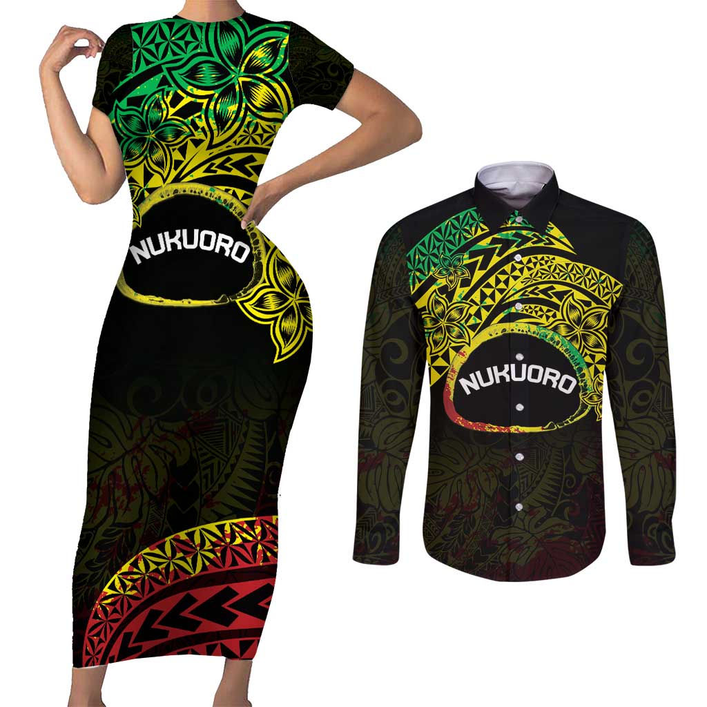 Personalised Nukuoro Atoll Couples Matching Short Sleeve Bodycon Dress and Long Sleeve Button Shirt Polynesian Tattoo Curves Reggae Version