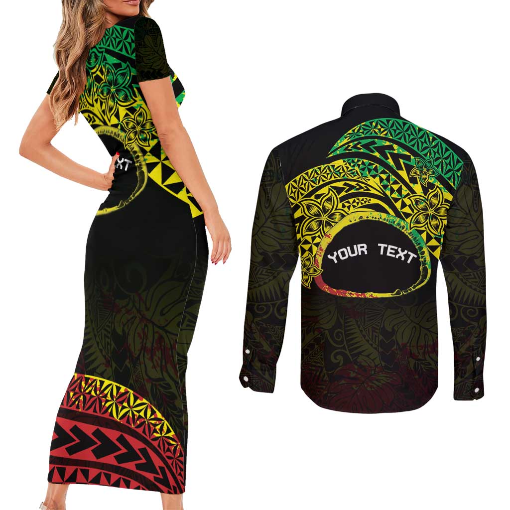 Personalised Nukuoro Atoll Couples Matching Short Sleeve Bodycon Dress and Long Sleeve Button Shirt Polynesian Tattoo Curves Reggae Version