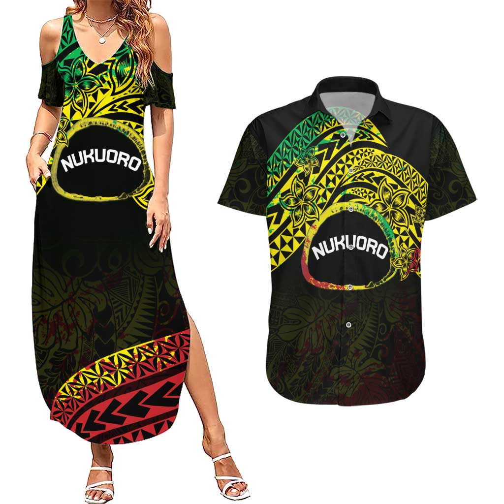 Personalised Nukuoro Atoll Couples Matching Summer Maxi Dress and Hawaiian Shirt Polynesian Tattoo Curves Reggae Version