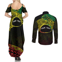 Personalised Nukuoro Atoll Couples Matching Summer Maxi Dress and Long Sleeve Button Shirt Polynesian Tattoo Curves Reggae Version