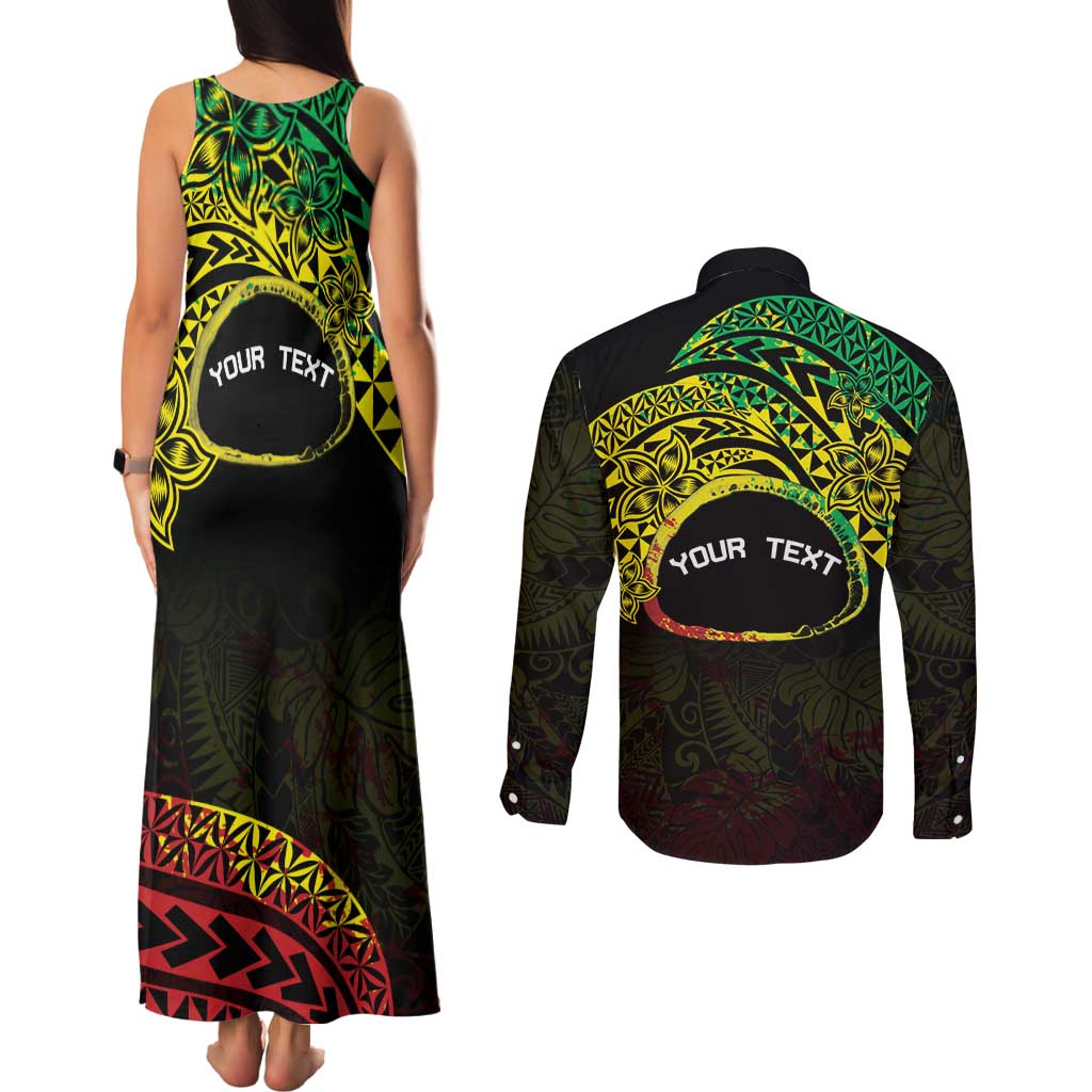 Personalised Nukuoro Atoll Couples Matching Tank Maxi Dress and Long Sleeve Button Shirt Polynesian Tattoo Curves Reggae Version