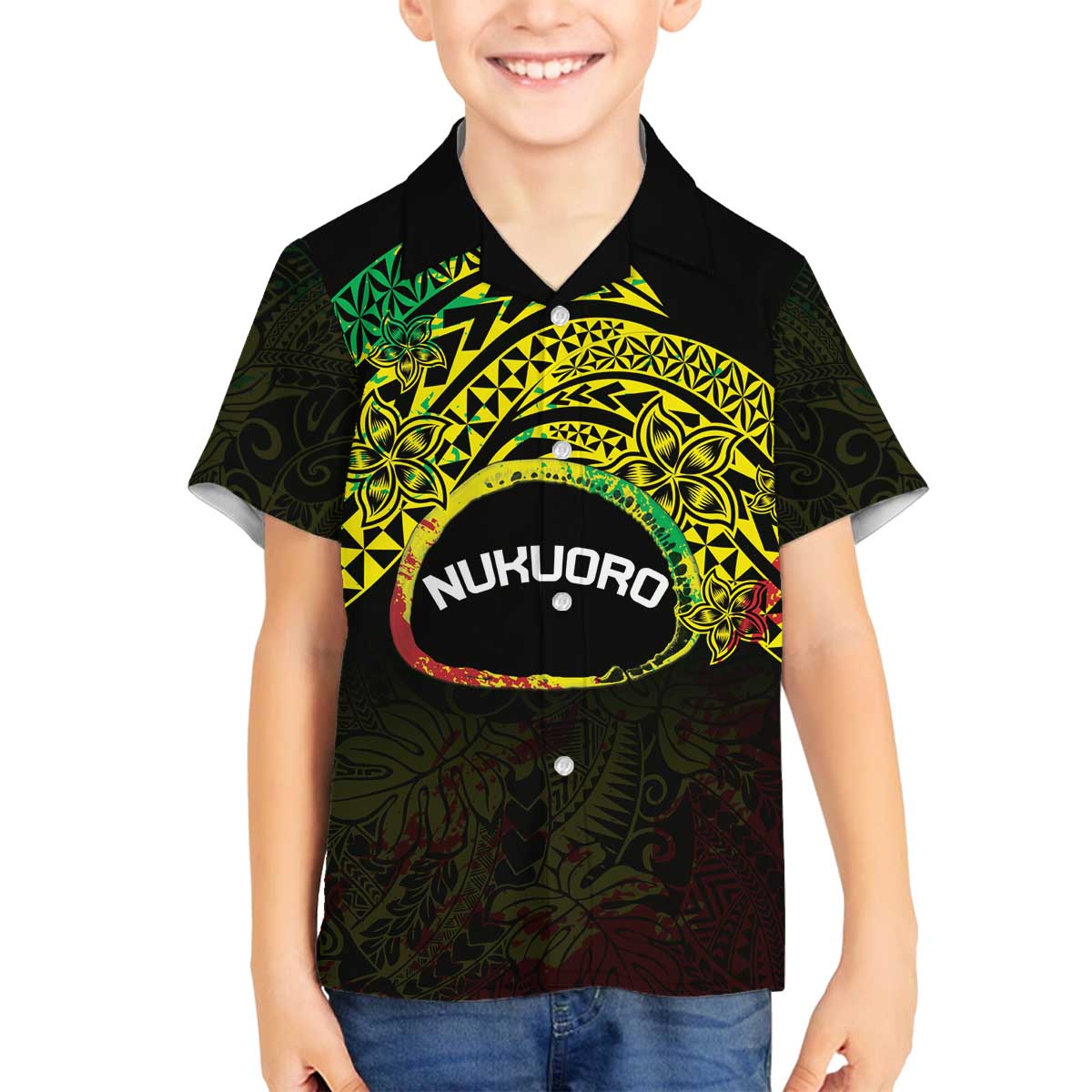 Personalised Nukuoro Atoll Family Matching Puletasi and Hawaiian Shirt Polynesian Tattoo Curves Reggae Version LT14 Son's Shirt Reggae - Polynesian Pride