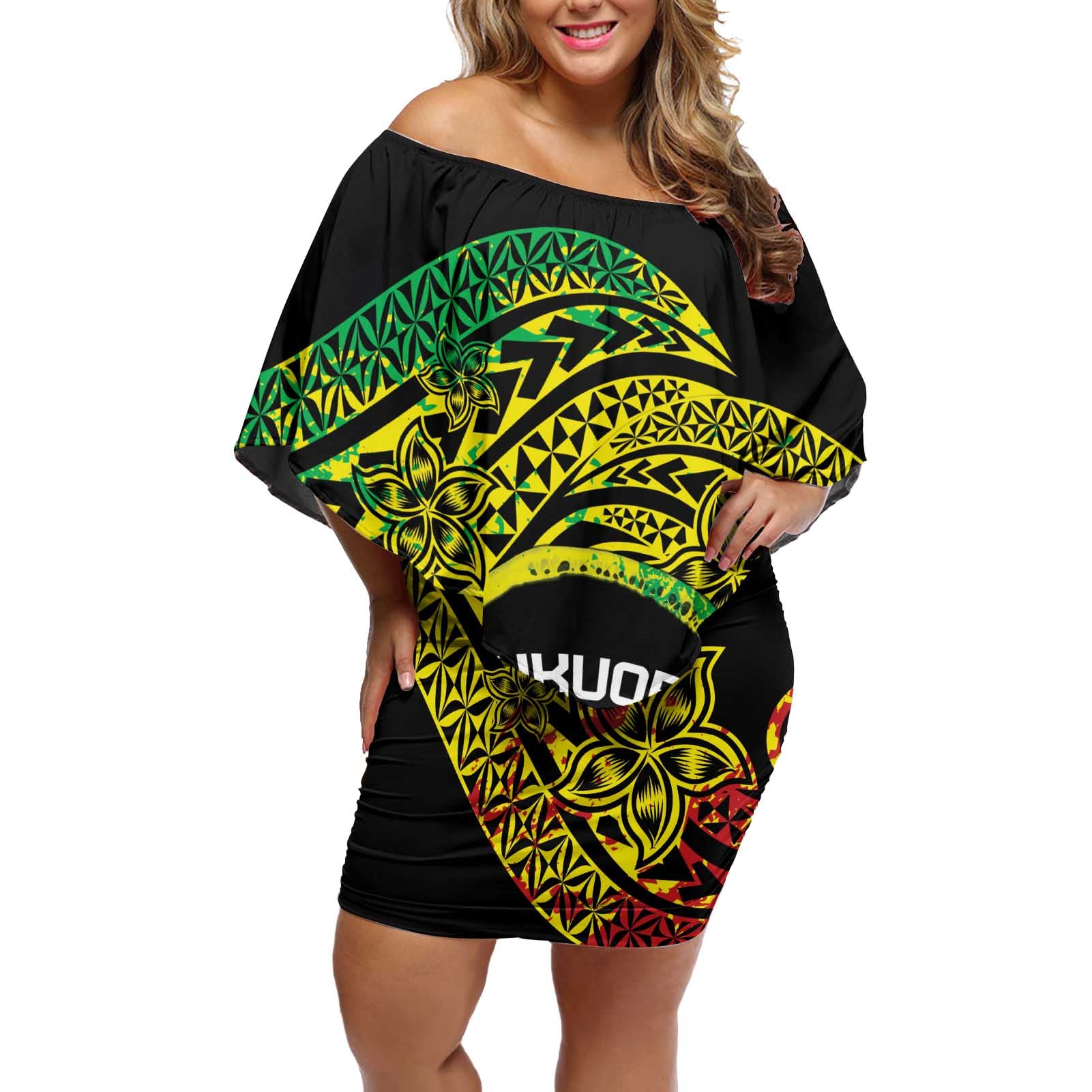 Personalised Nukuoro Atoll Off Shoulder Short Dress Polynesian Tattoo Curves Reggae Version