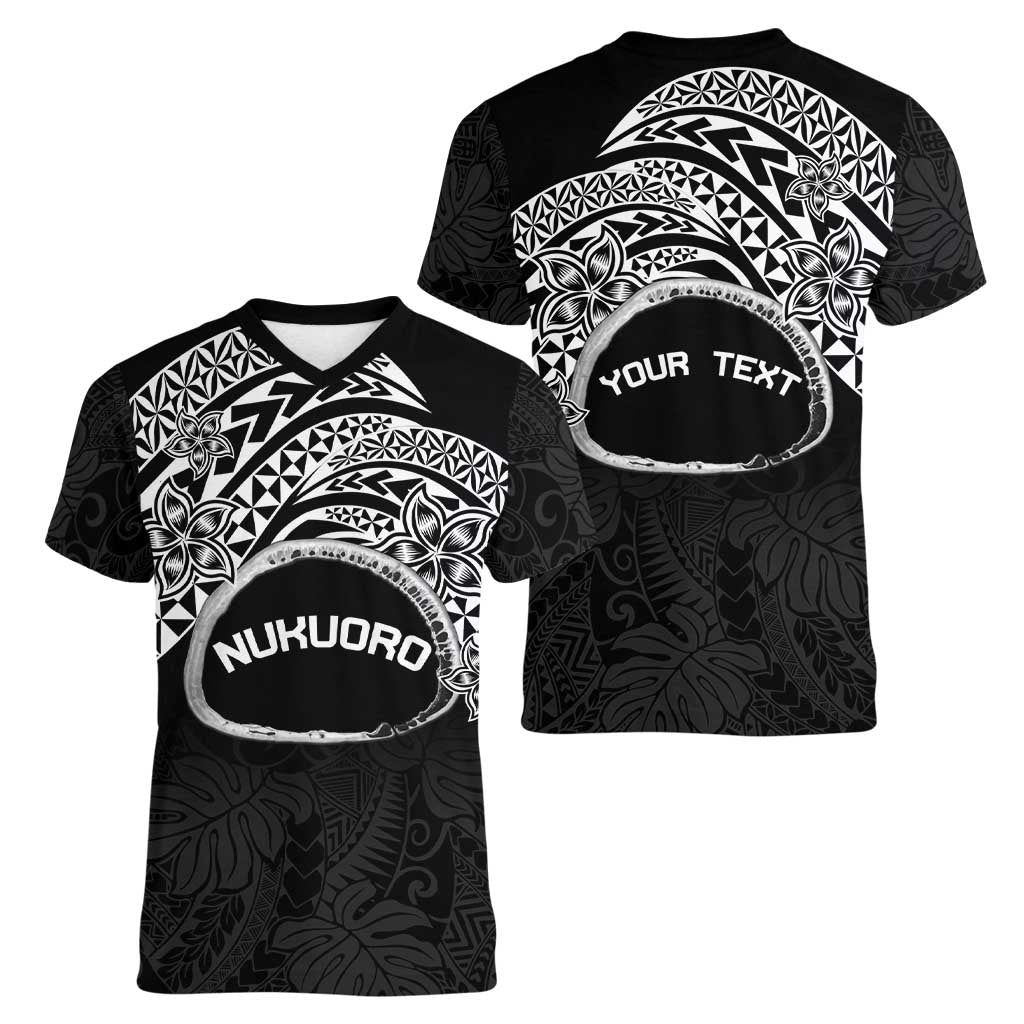 Personalised Pohnpei Nukuoro Micronesia Women V-Neck T-Shirt Polynesian Tattoo Curves Black Version