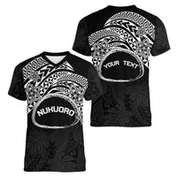 Personalised Pohnpei Nukuoro Micronesia Women V-Neck T-Shirt Polynesian Tattoo Curves Black Version