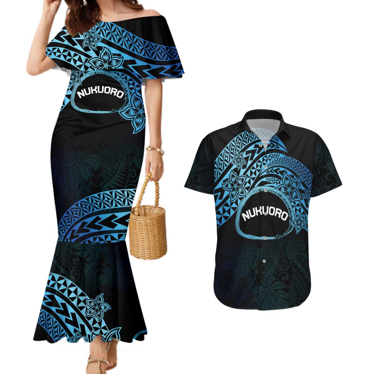 Personalised Pohnpei Nukuoro Micronesia Couples Matching Mermaid Dress and Hawaiian Shirt Polynesian Tattoo Curves Blue Version