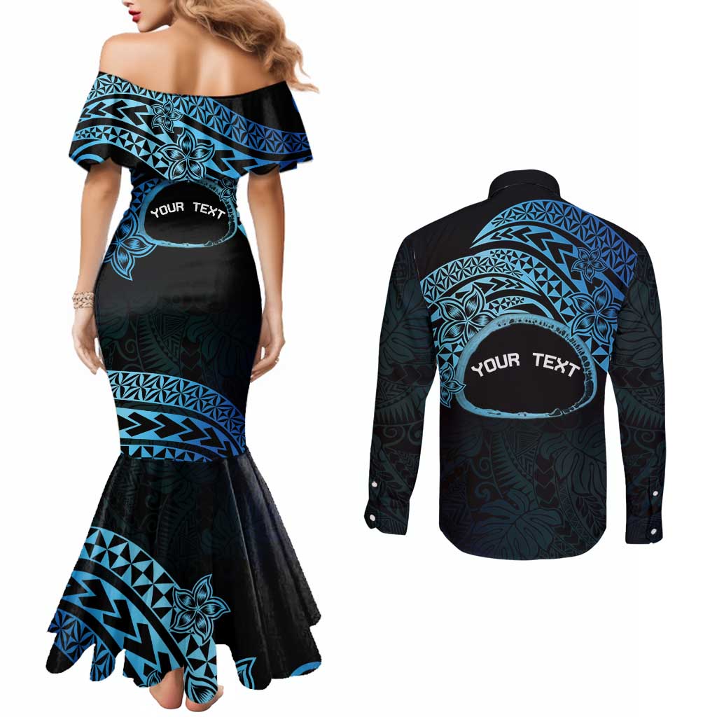 Personalised Pohnpei Nukuoro Micronesia Couples Matching Mermaid Dress and Long Sleeve Button Shirt Polynesian Tattoo Curves Blue Version