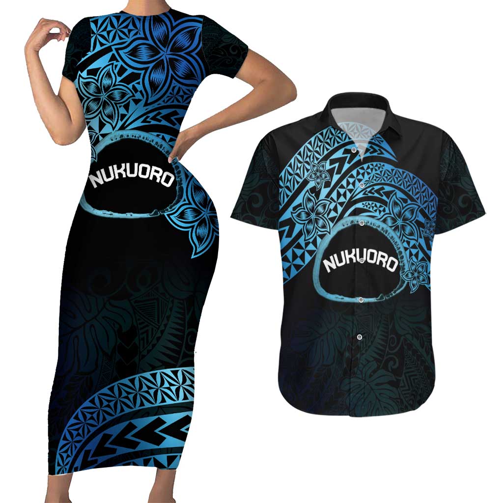 Personalised Pohnpei Nukuoro Micronesia Couples Matching Short Sleeve Bodycon Dress and Hawaiian Shirt Polynesian Tattoo Curves Blue Version