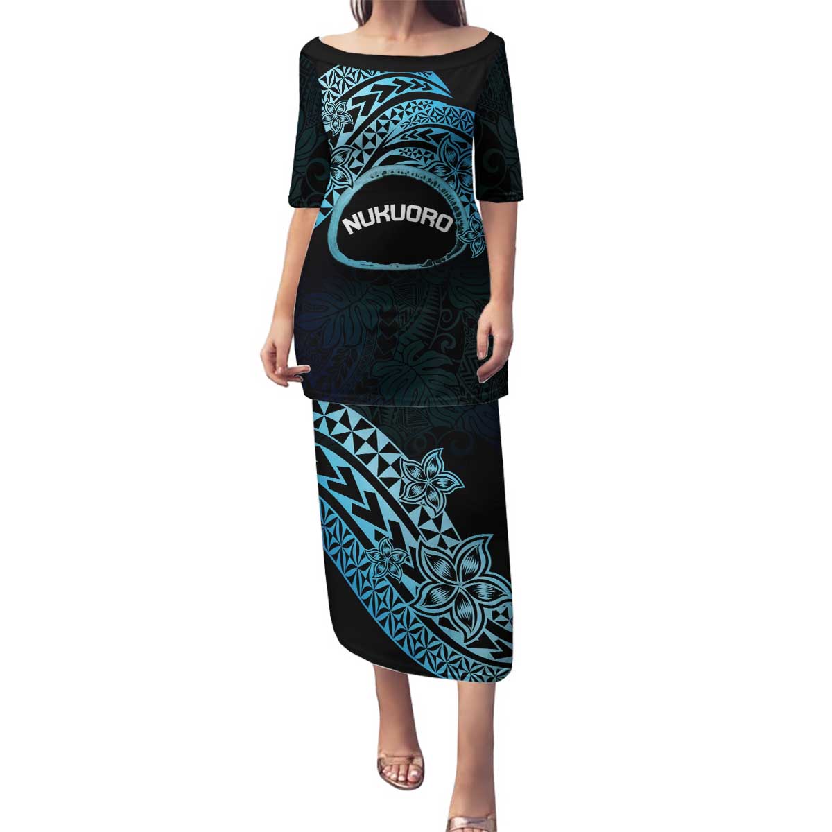 Personalised Pohnpei Nukuoro Micronesia Family Matching Puletasi and Hawaiian Shirt Polynesian Tattoo Curves Blue Version