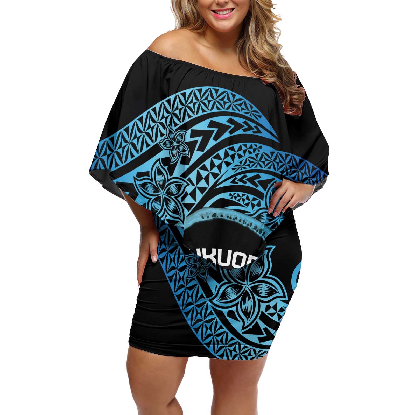 Personalised Pohnpei Nukuoro Micronesia Off Shoulder Short Dress Polynesian Tattoo Curves Blue Version