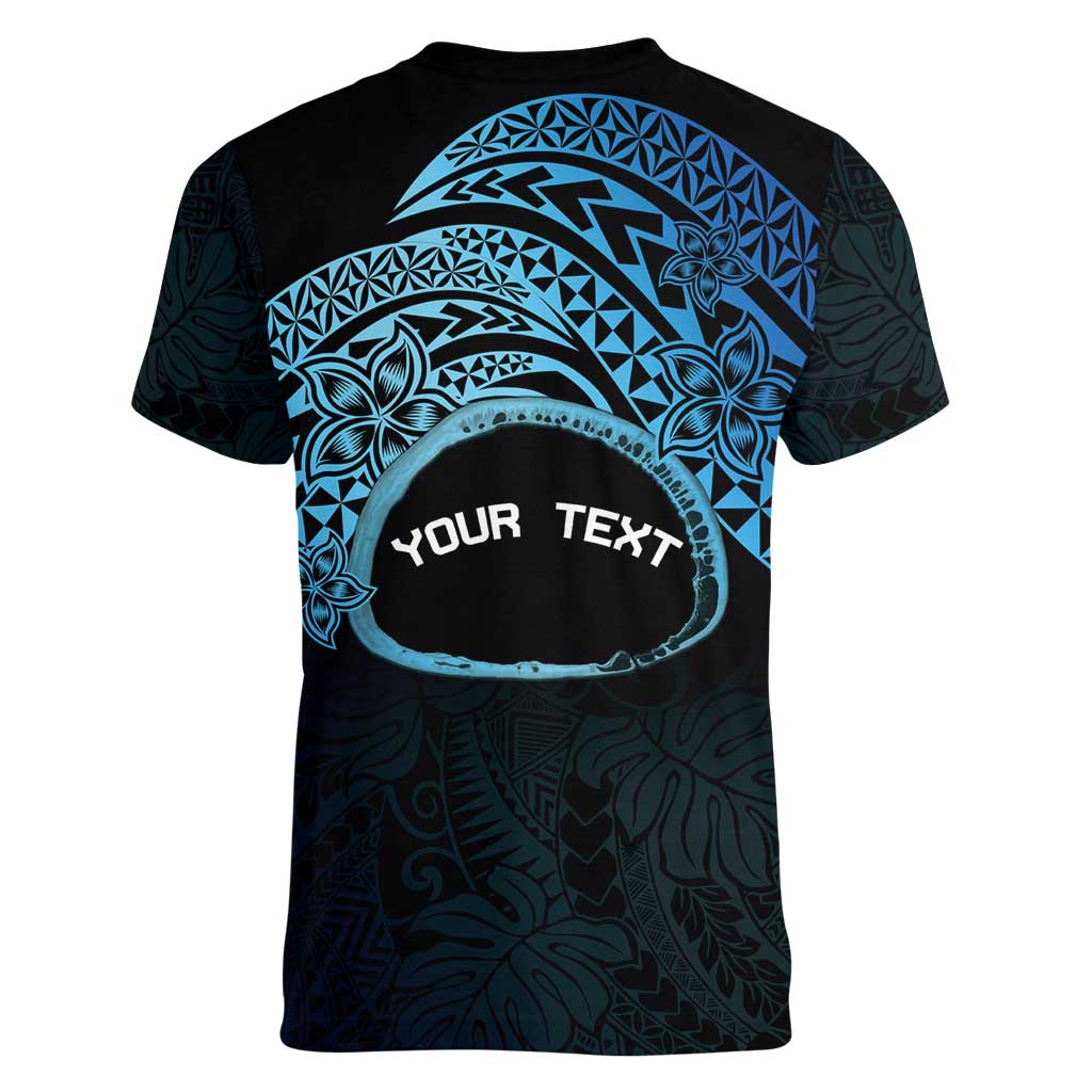 Personalised Pohnpei Nukuoro Micronesia Women V-Neck T-Shirt Polynesian Tattoo Curves Blue Version