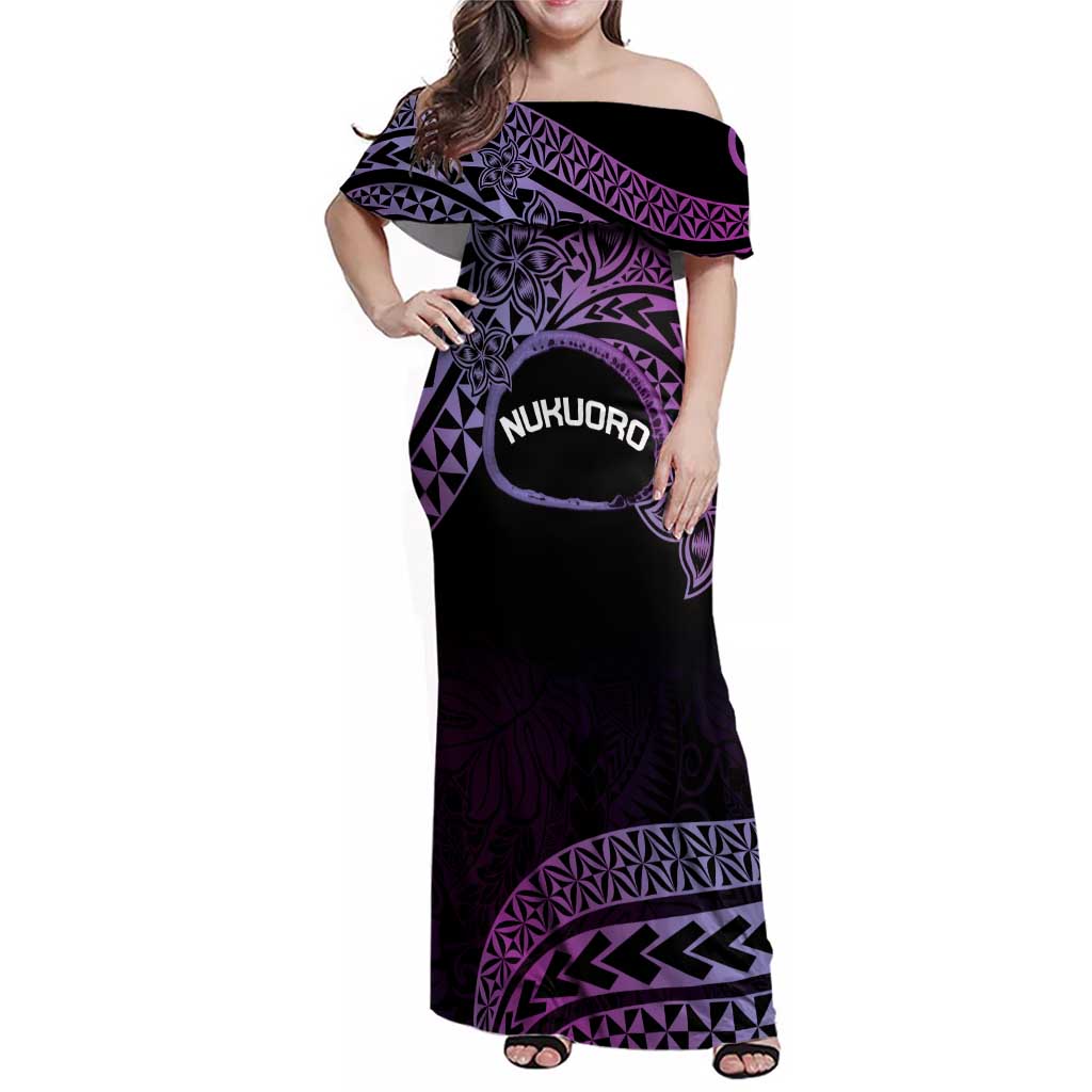 Personalised Pohnpei Nukuoro Micronesia Family Matching Off Shoulder Maxi Dress and Hawaiian Shirt Polynesian Tattoo Curves Purple Version