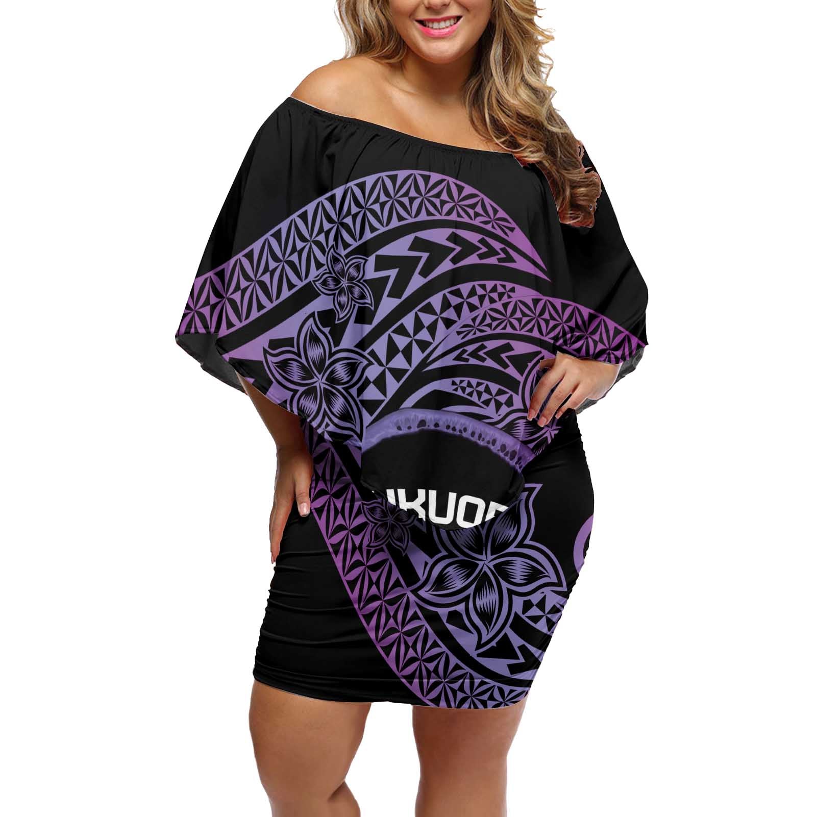 Personalised Pohnpei Nukuoro Micronesia Off Shoulder Short Dress Polynesian Tattoo Curves Purple Version