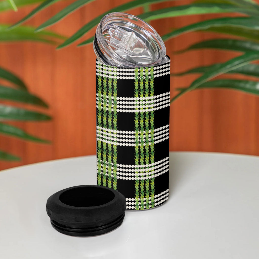 Aloha Hawaii Pakalana Pikake Lei 4 in 1 Can Cooler Tumbler Palaka Inspired Hawaiian-plaid Black LT14 - Polynesian Pride