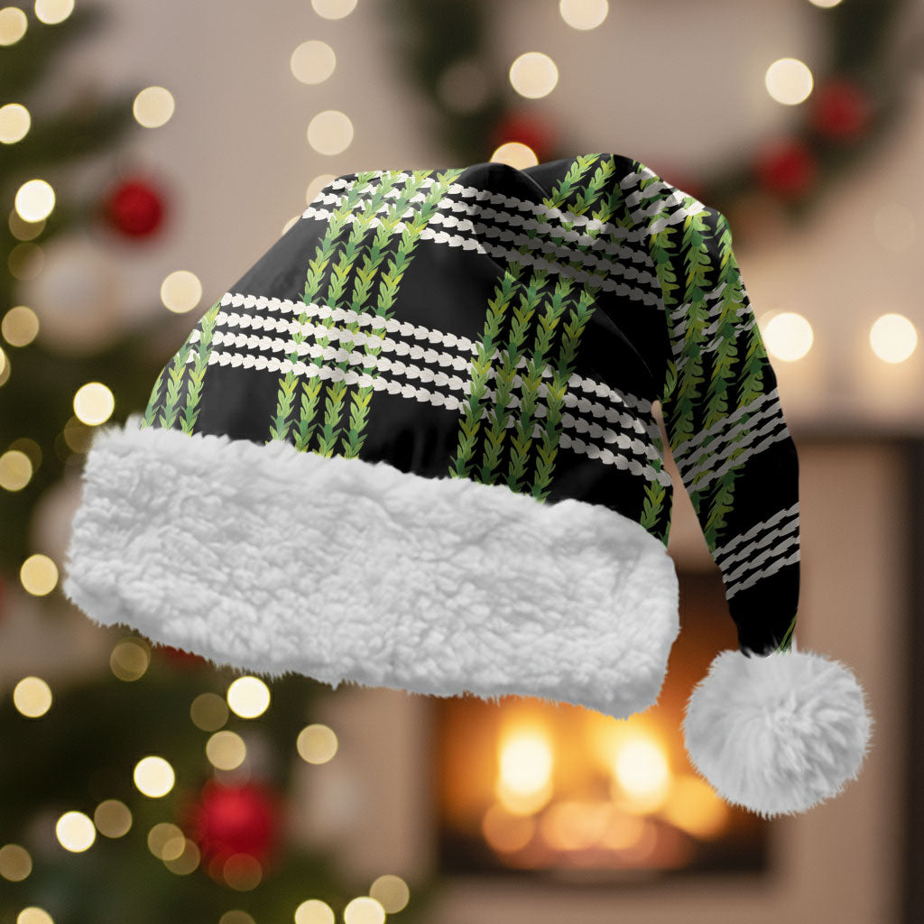 Aloha Hawaii Pakalana Pikake Lei Christmas Santa Hat Palaka Inspired Hawaiian-plaid Black LT14 With Fur Black - Polynesian Pride