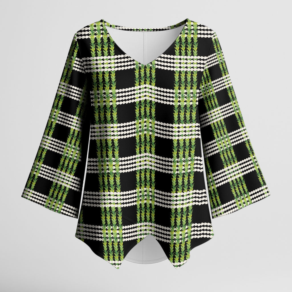 Aloha Hawaii Pakalana Pikake Lei Kimono Sleeve Blouse Palaka Inspired Hawaiian-plaid Black LT14 Female Black - Polynesian Pride