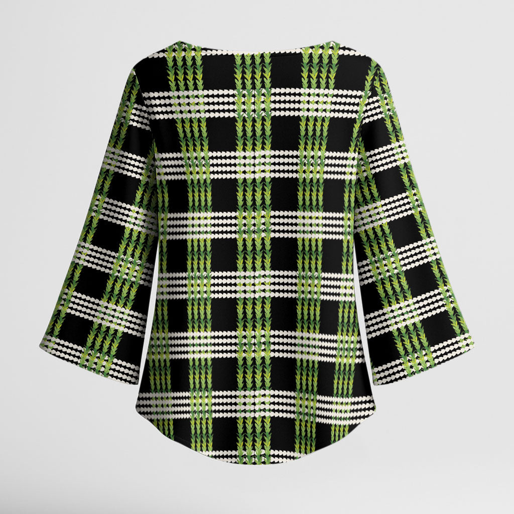 Aloha Hawaii Pakalana Pikake Lei Kimono Sleeve Blouse Palaka Inspired Hawaiian-plaid Black LT14 - Polynesian Pride