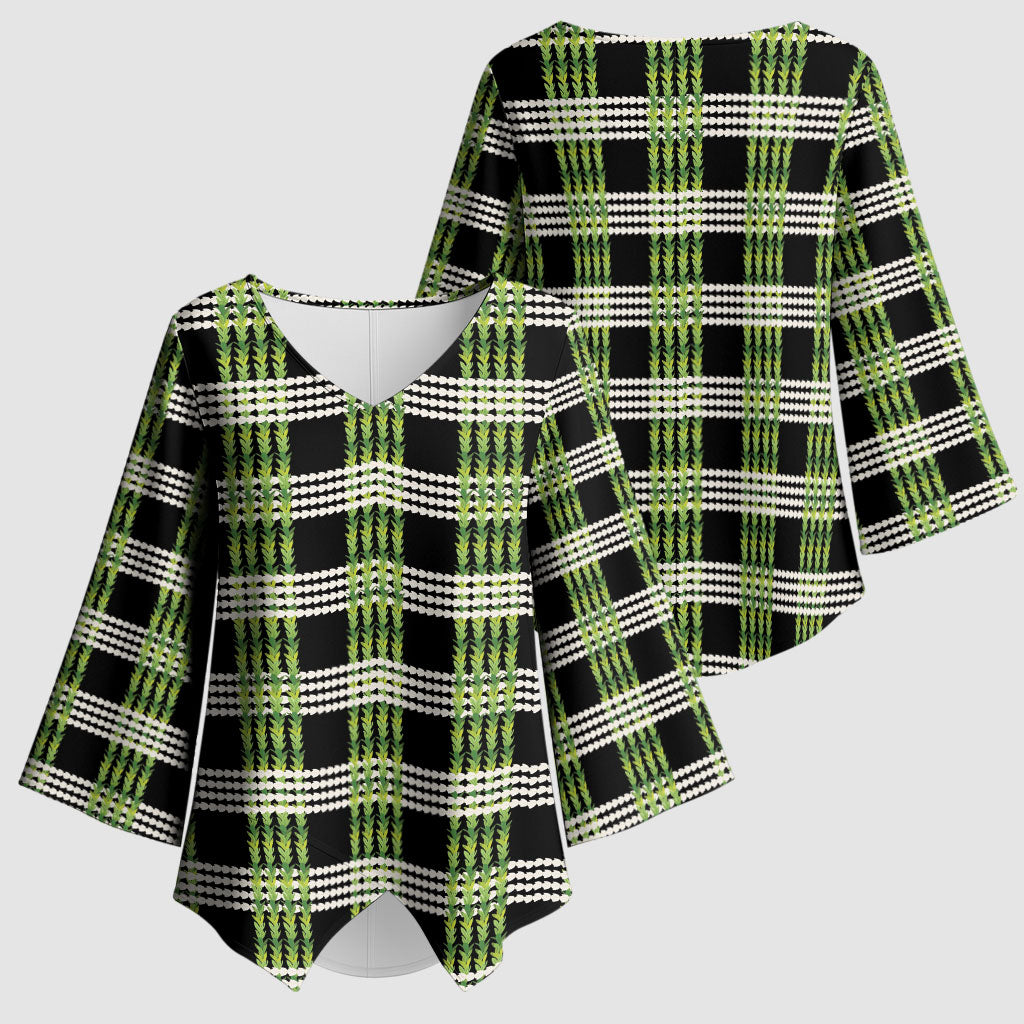 Aloha Hawaii Pakalana Pikake Lei Kimono Sleeve Blouse Palaka Inspired Hawaiian-plaid Black LT14 - Polynesian Pride