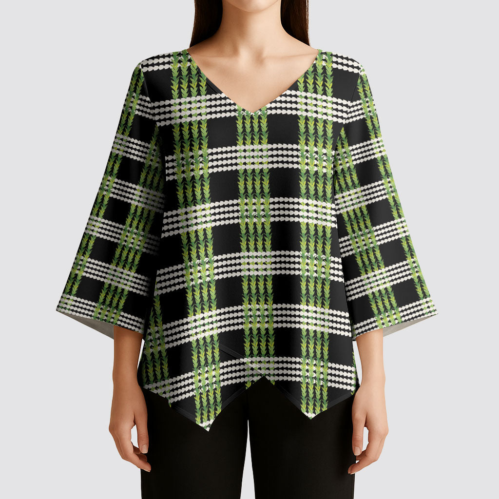 Aloha Hawaii Pakalana Pikake Lei Kimono Sleeve Blouse Palaka Inspired Hawaiian-plaid Black LT14 - Polynesian Pride