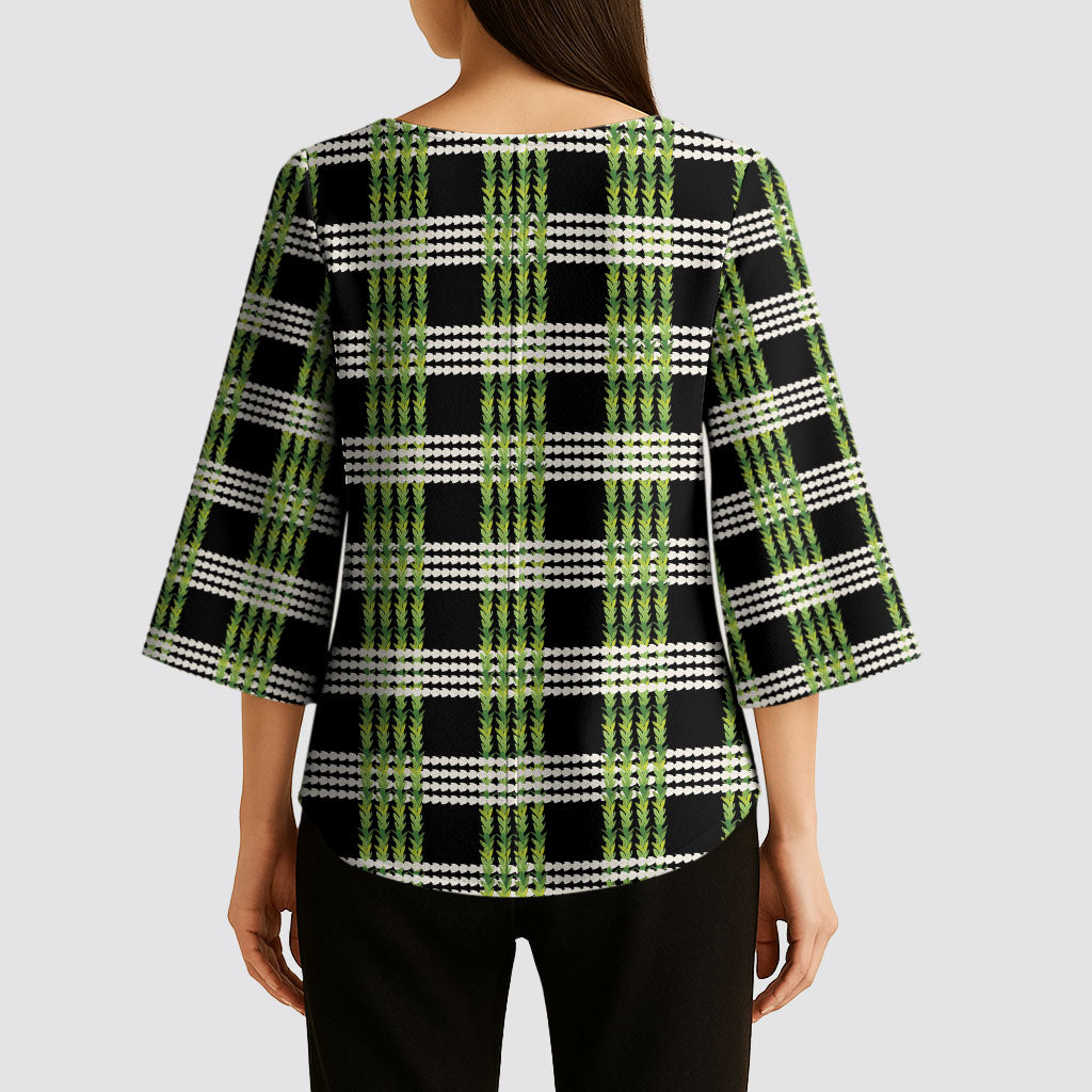 Aloha Hawaii Pakalana Pikake Lei Kimono Sleeve Blouse Palaka Inspired Hawaiian-plaid Black LT14 - Polynesian Pride