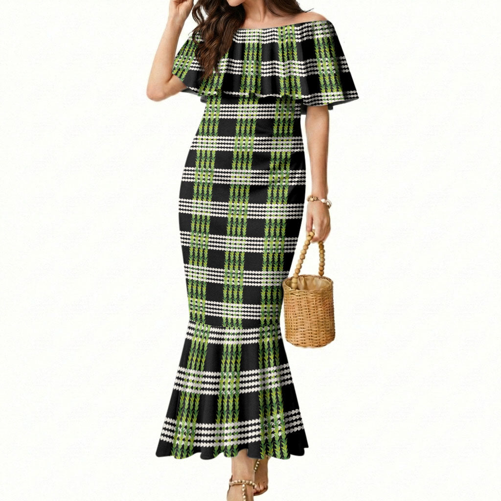 Aloha Hawaii Pakalana Pikake Lei Mermaid Dress Palaka Inspired Hawaiian-plaid Black LT14 Women Black - Polynesian Pride