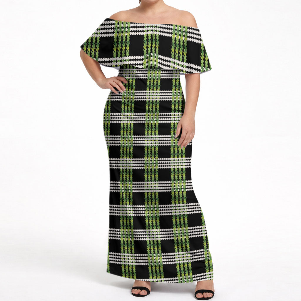 Aloha Hawaii Pakalana Pikake Lei Off Shoulder Maxi Dress Palaka Inspired Hawaiian-plaid Black LT14 Women Black - Polynesian Pride