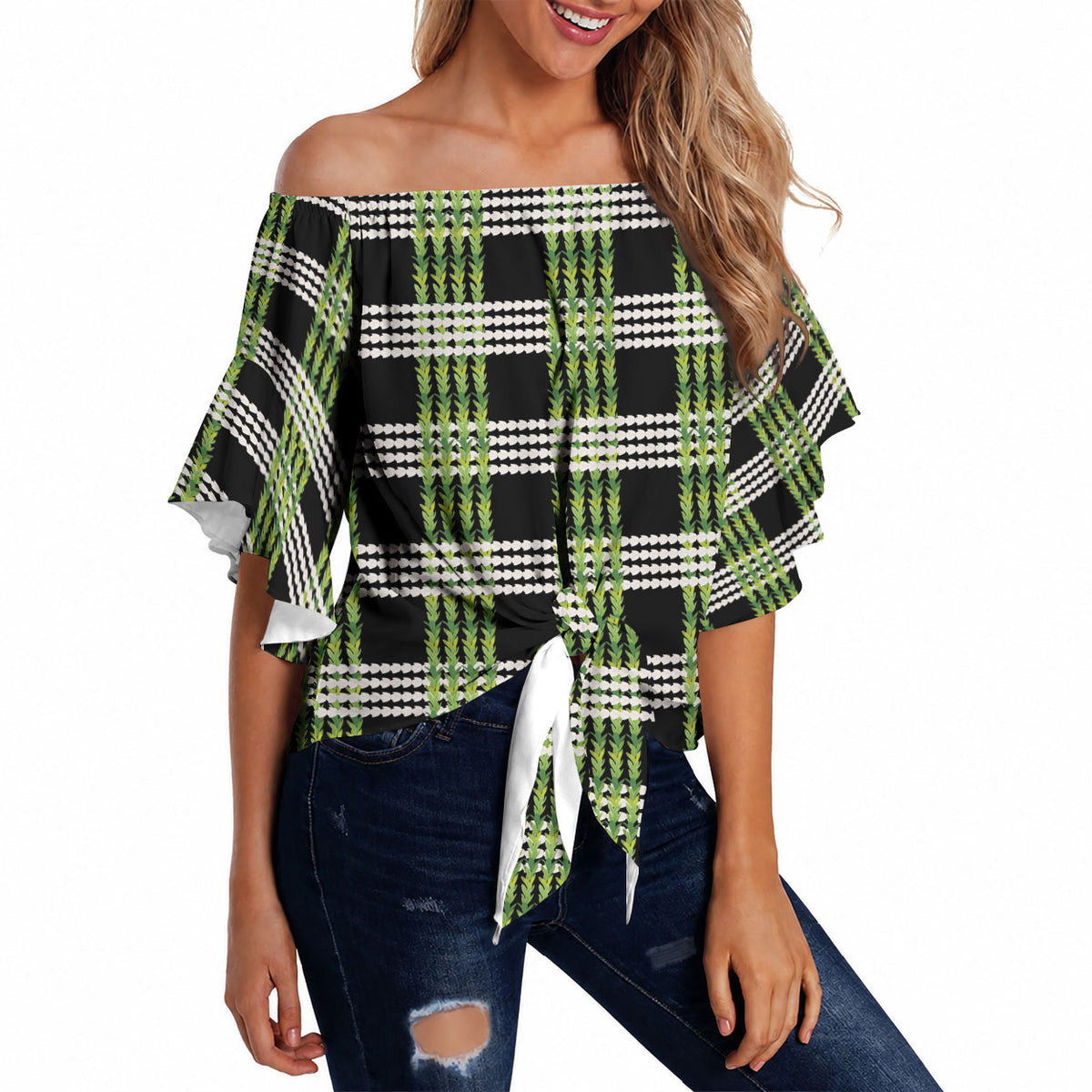 Aloha Hawaii Pakalana Pikake Lei Off Shoulder Wrap Waist Top Palaka Inspired Hawaiian-plaid Black LT14 Black - Polynesian Pride