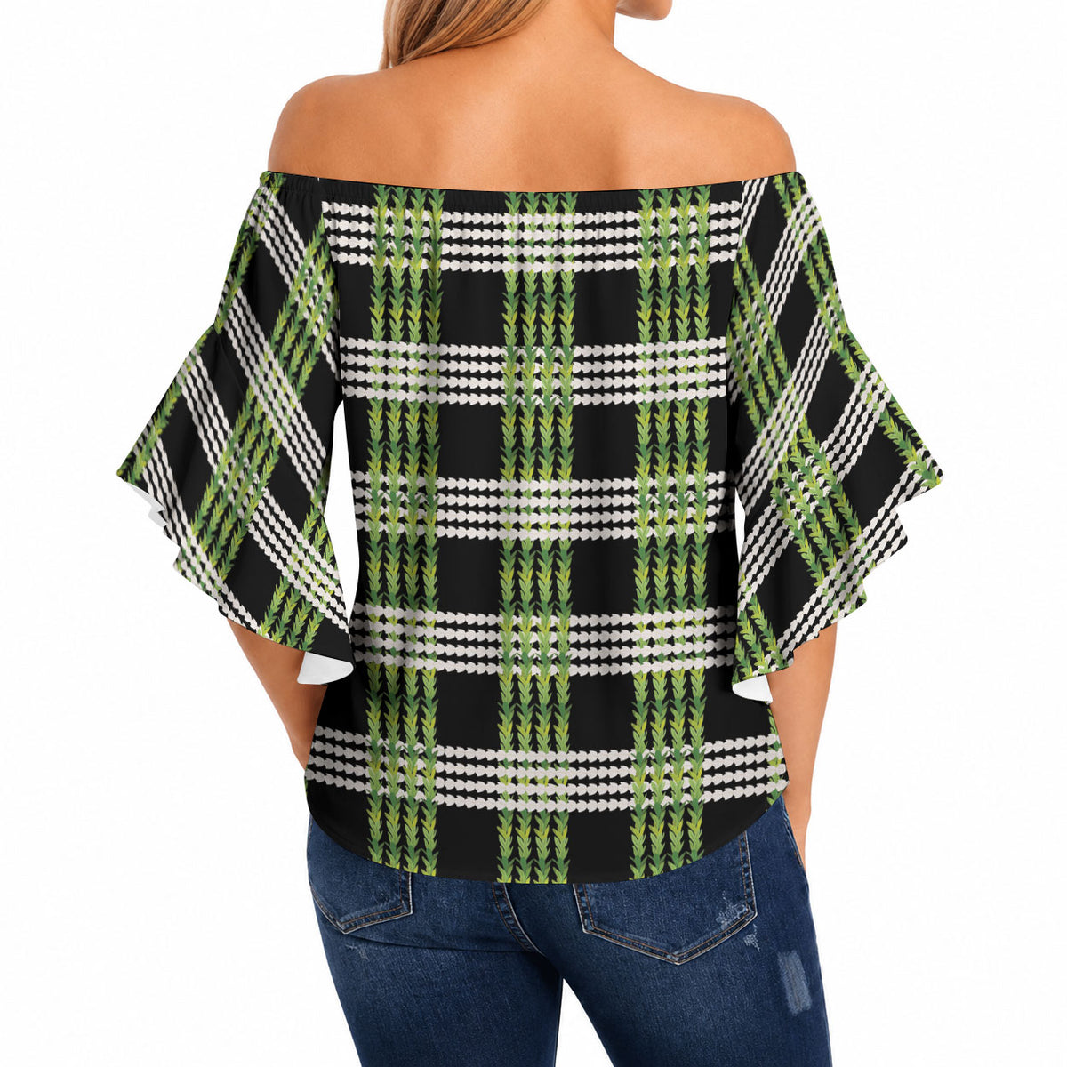 Aloha Hawaii Pakalana Pikake Lei Off Shoulder Wrap Waist Top Palaka Inspired Hawaiian-plaid Black LT14 - Polynesian Pride