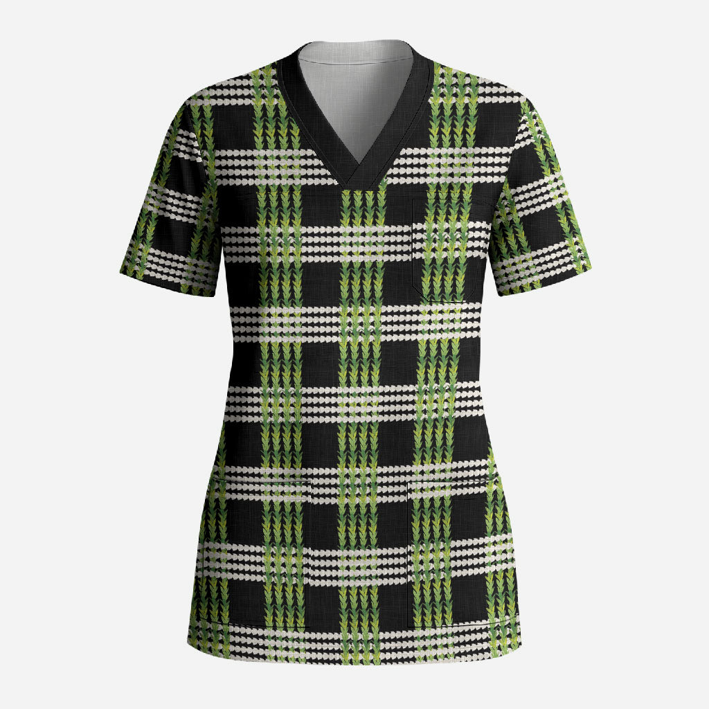 Aloha Hawaii Pakalana Pikake Lei Scrub Top Palaka Inspired Hawaiian-plaid Black LT14 Adult Black - Polynesian Pride