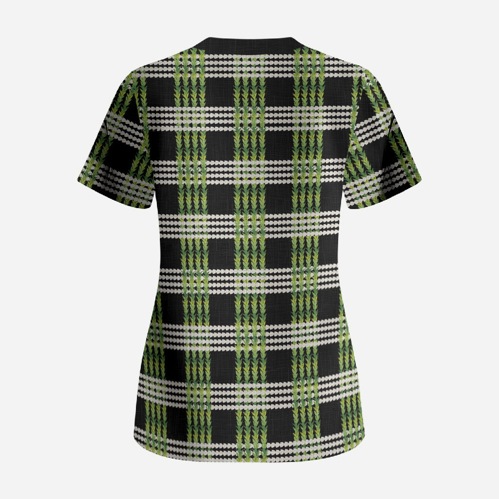 Aloha Hawaii Pakalana Pikake Lei Scrub Top Palaka Inspired Hawaiian-plaid Black LT14 - Polynesian Pride