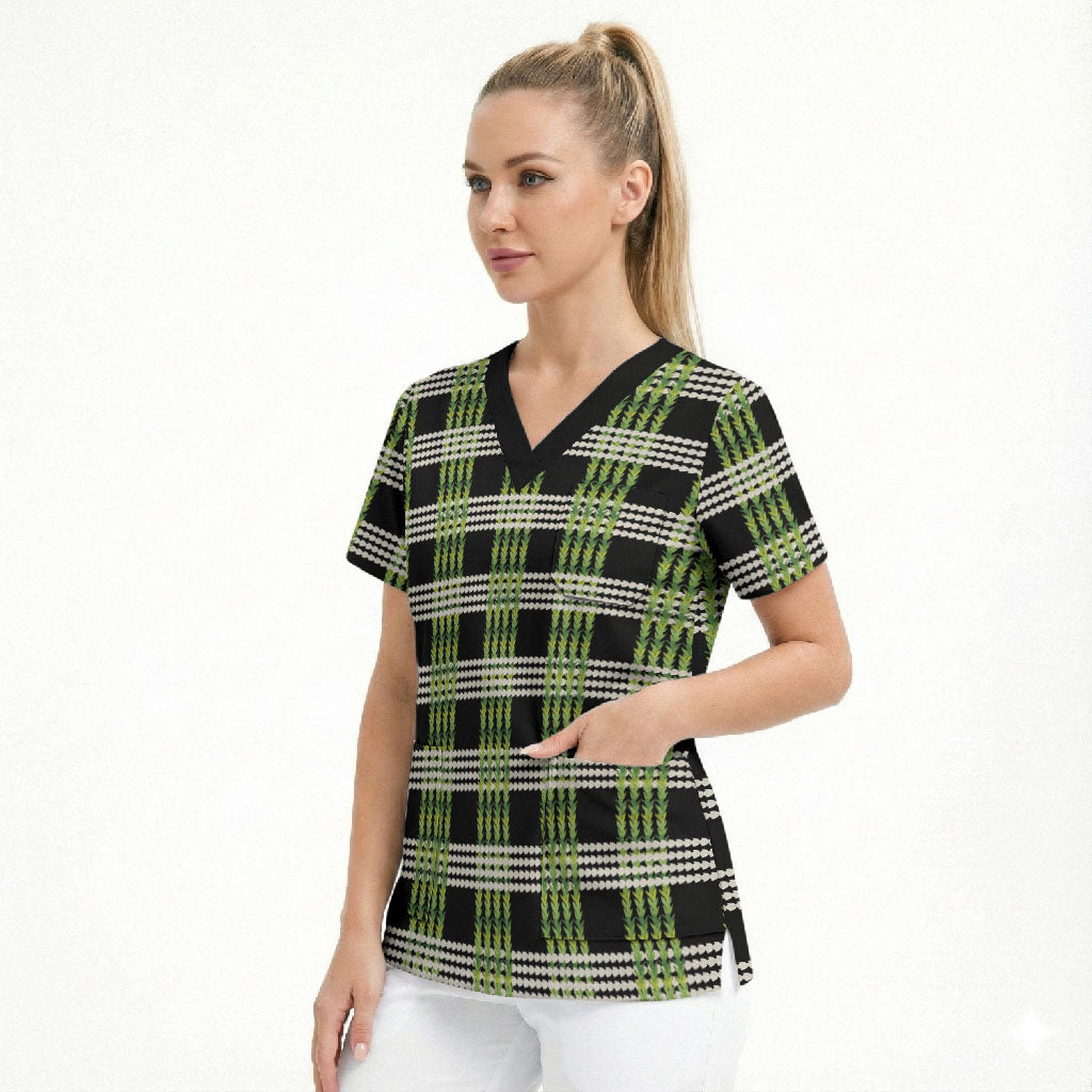 Aloha Hawaii Pakalana Pikake Lei Scrub Top Palaka Inspired Hawaiian-plaid Black LT14 - Polynesian Pride