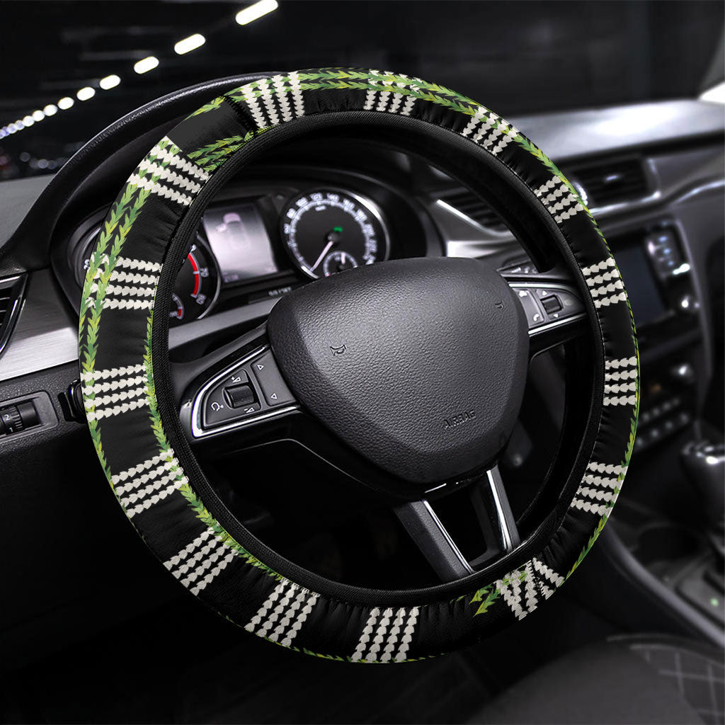 Aloha Hawaii Pakalana Pikake Lei Steering Wheel Cover Palaka Inspired Hawaiian-plaid Black LT14 Universal Fit Black - Polynesian Pride