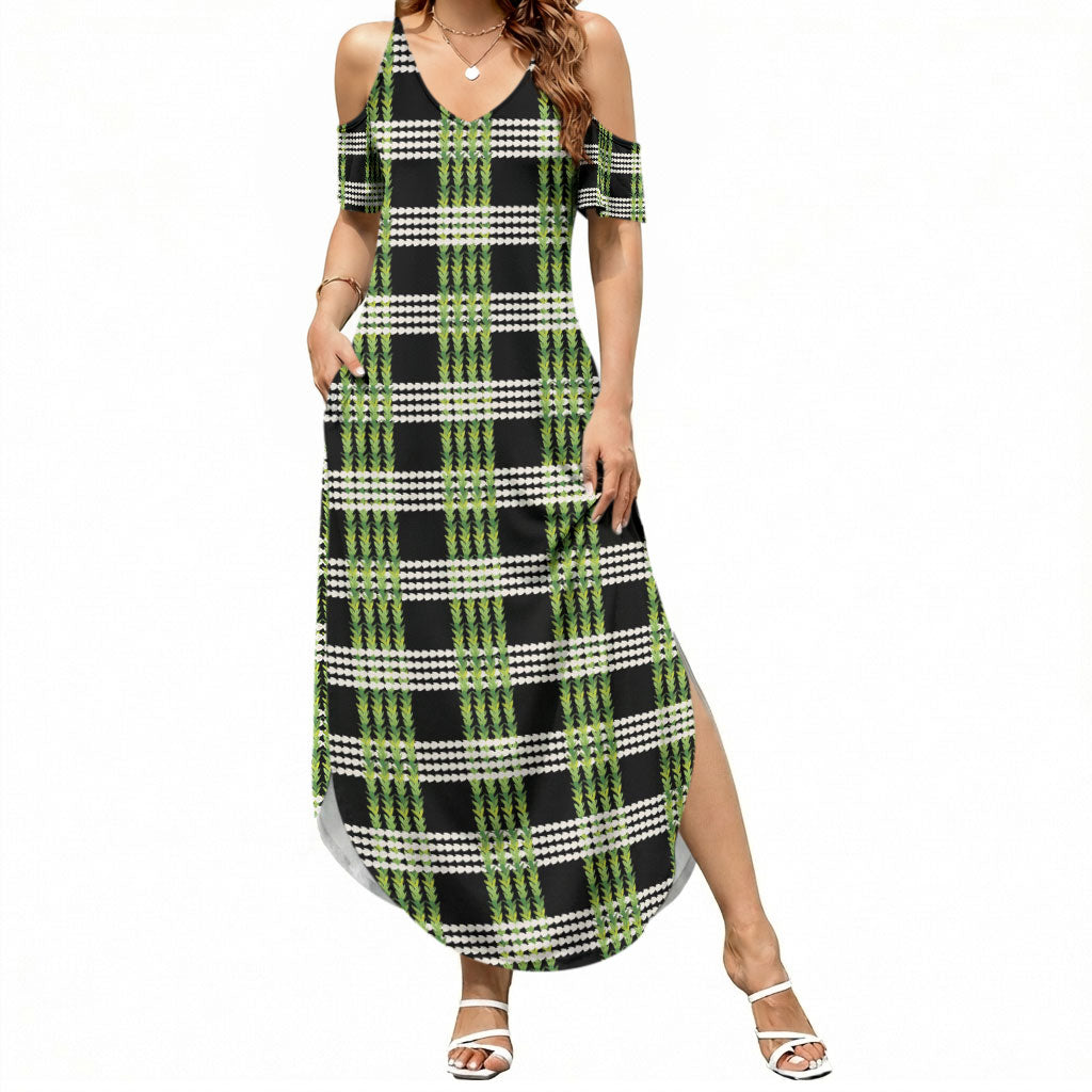 Aloha Hawaii Pakalana Pikake Lei Summer Maxi Dress Palaka Inspired Hawaiian-plaid Black LT14 Women Black - Polynesian Pride
