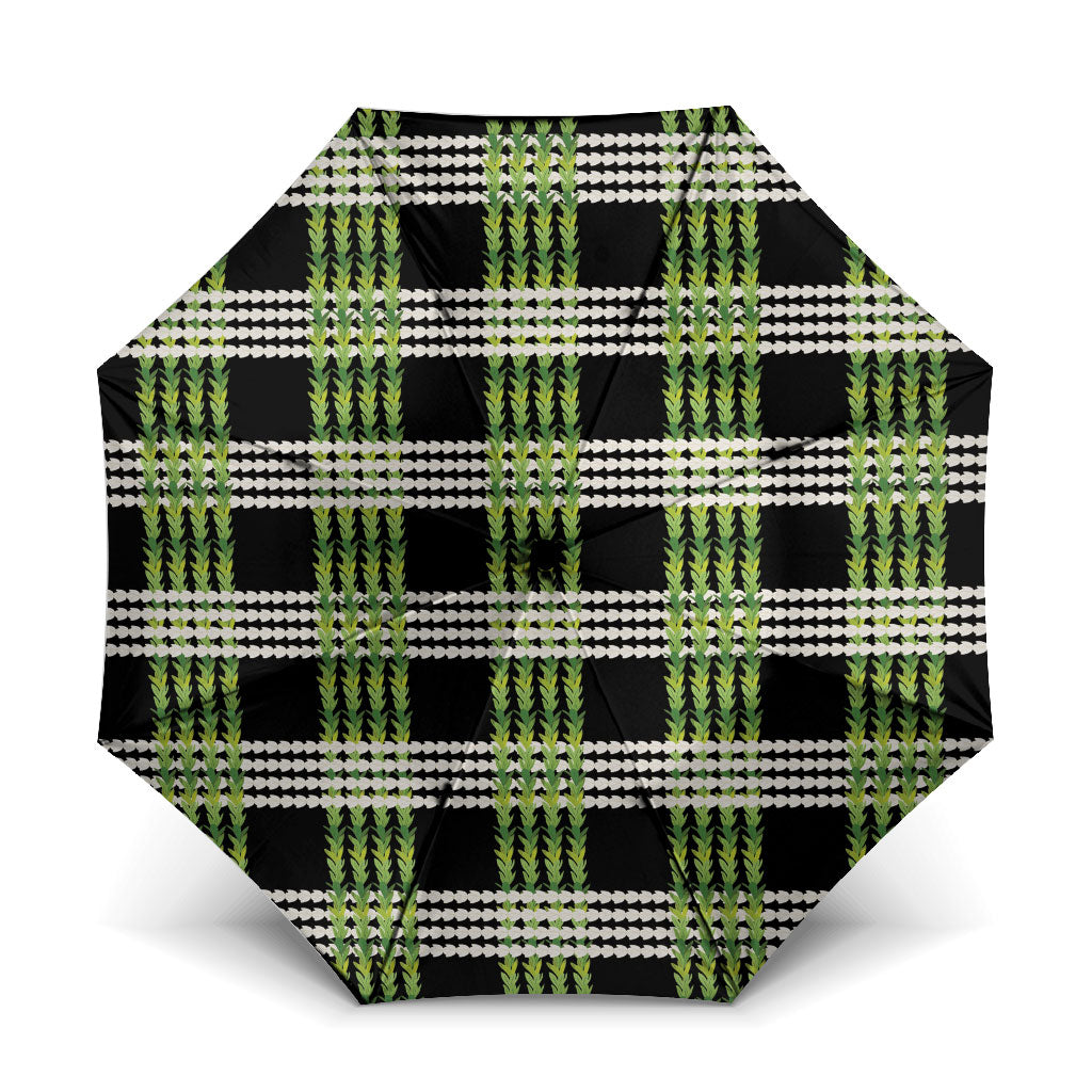 Aloha Hawaii Pakalana Pikake Lei Umbrella Palaka Inspired Hawaiian-plaid Black LT14 One Size Folded 11.42 inch Opened Diameter 37.4 inch Black - Polynesian Pride