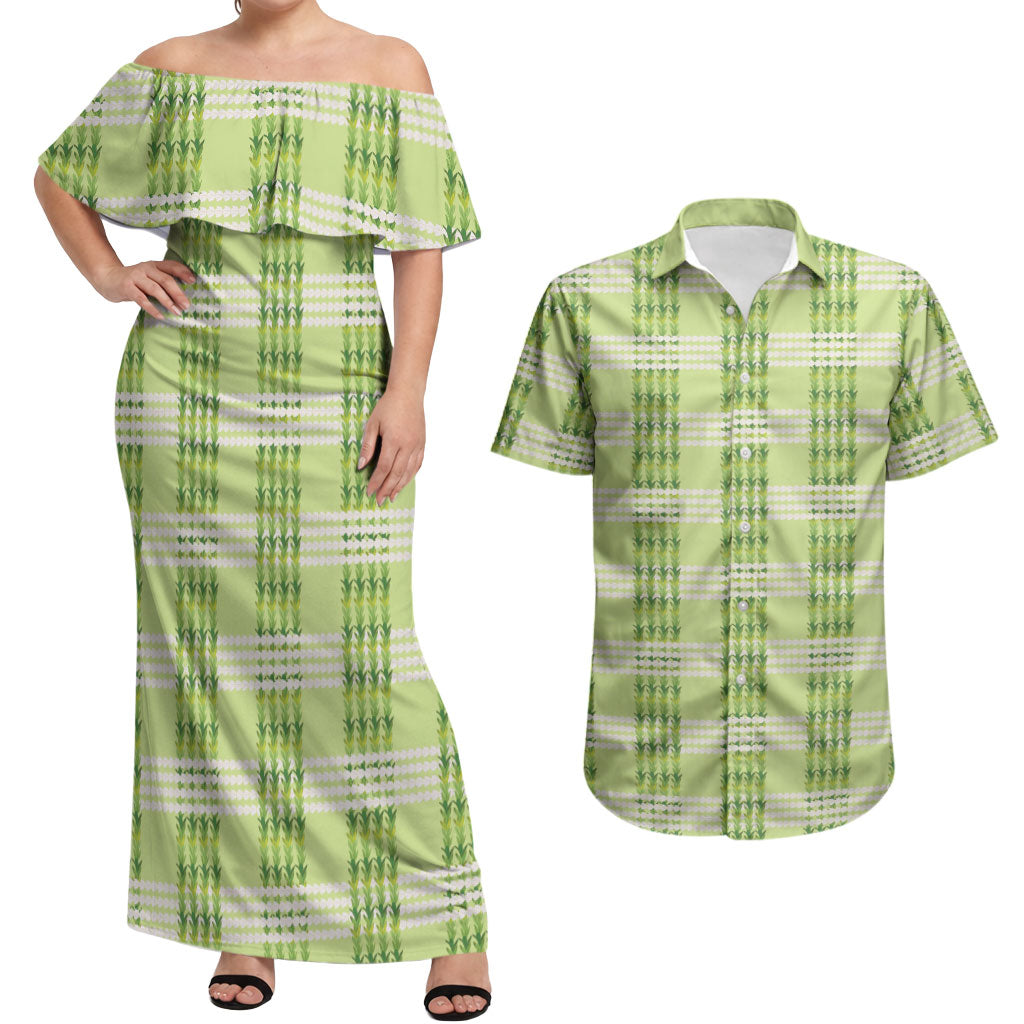 Aloha Hawaii Pakalana Pikake Lei Couples Matching Off Shoulder Maxi Dress and Hawaiian Shirt Palaka Inspired Hawaiian-plaid Pastel Green