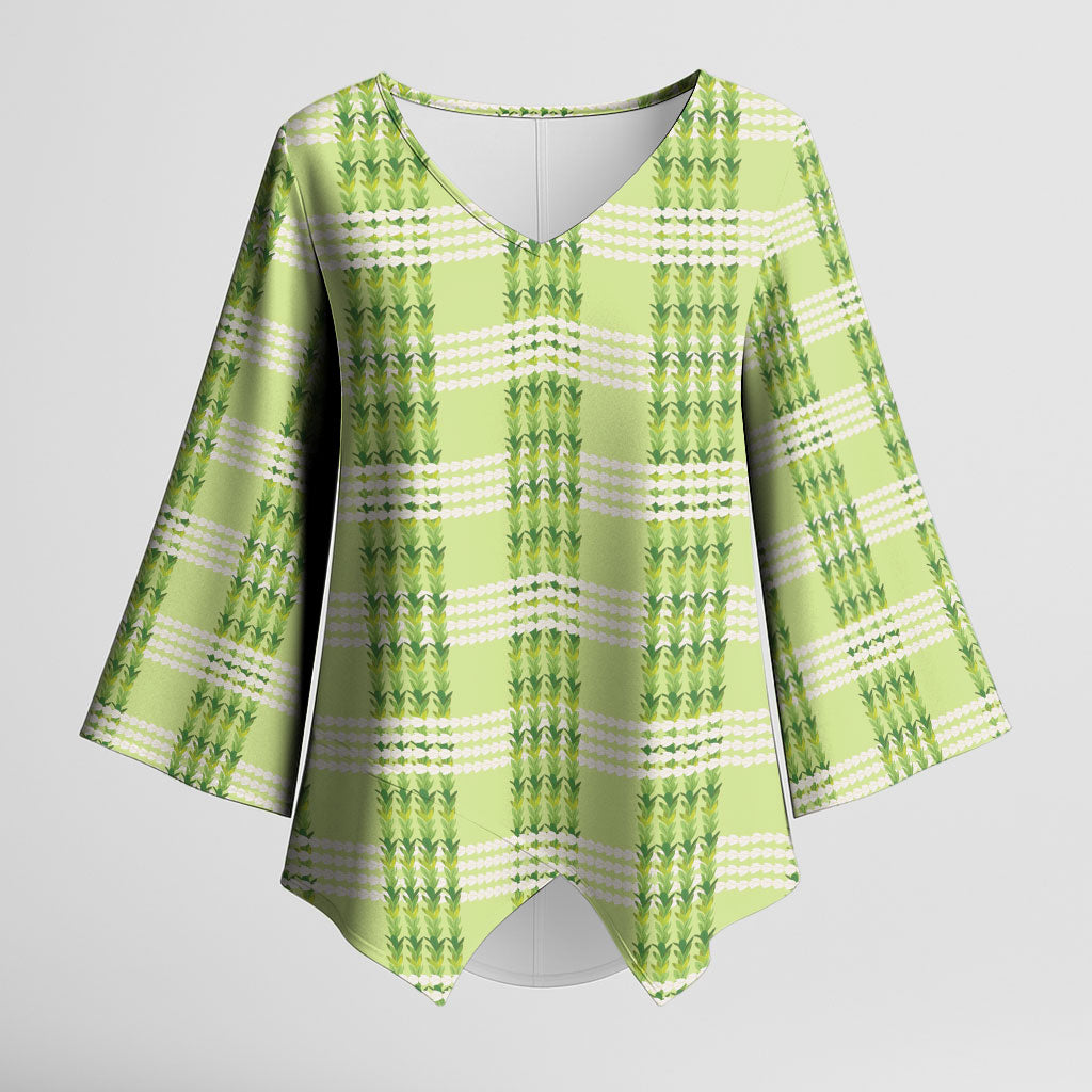 Aloha Hawaii Pakalana Pikake Lei Kimono Sleeve Blouse Palaka Inspired Hawaiian-plaid Pastel Green LT14 Female Green - Polynesian Pride