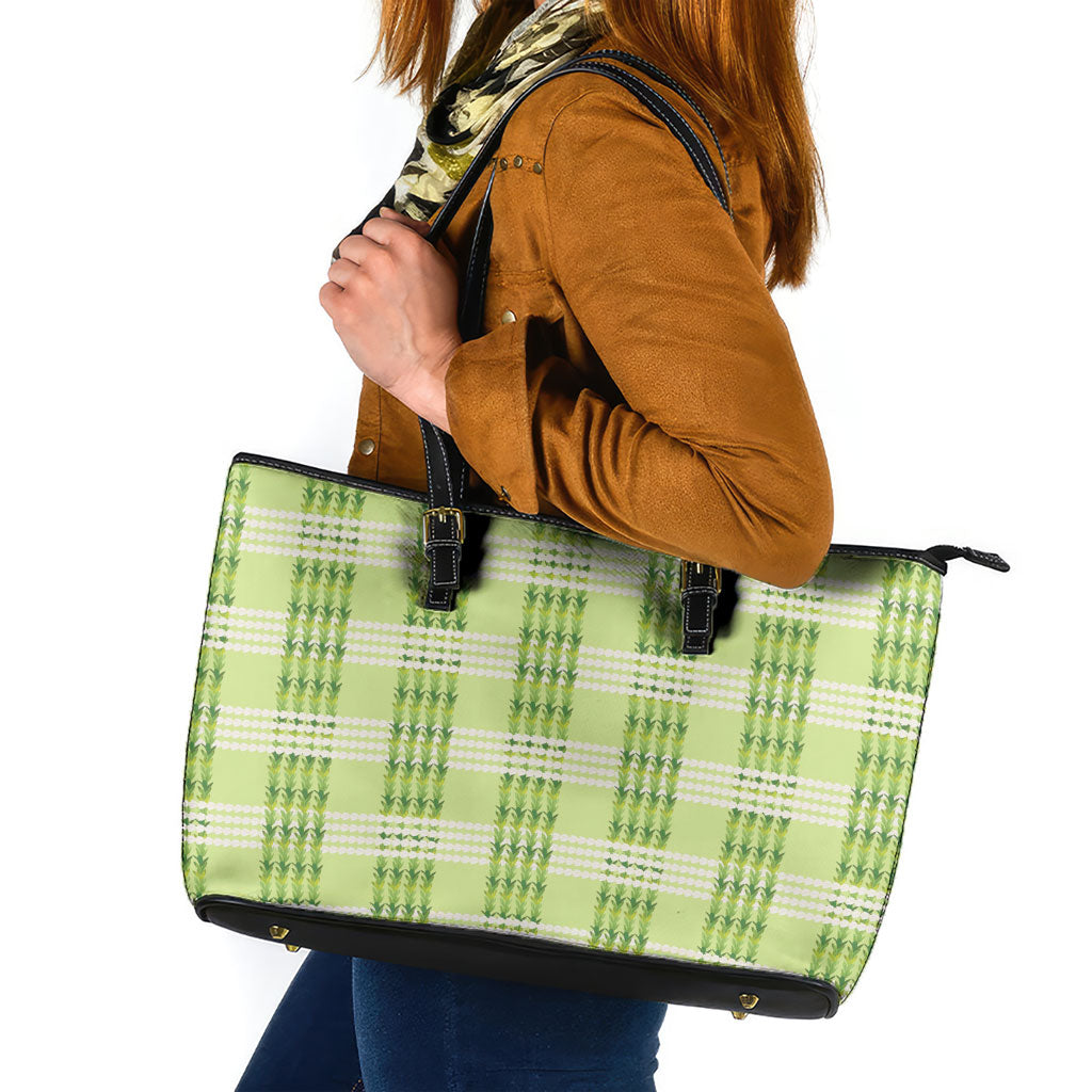 Aloha Hawaii Pakalana Pikake Lei Leather Tote Bag Palaka Inspired Hawaiian-plaid Pastel Green LT14 Green - Polynesian Pride