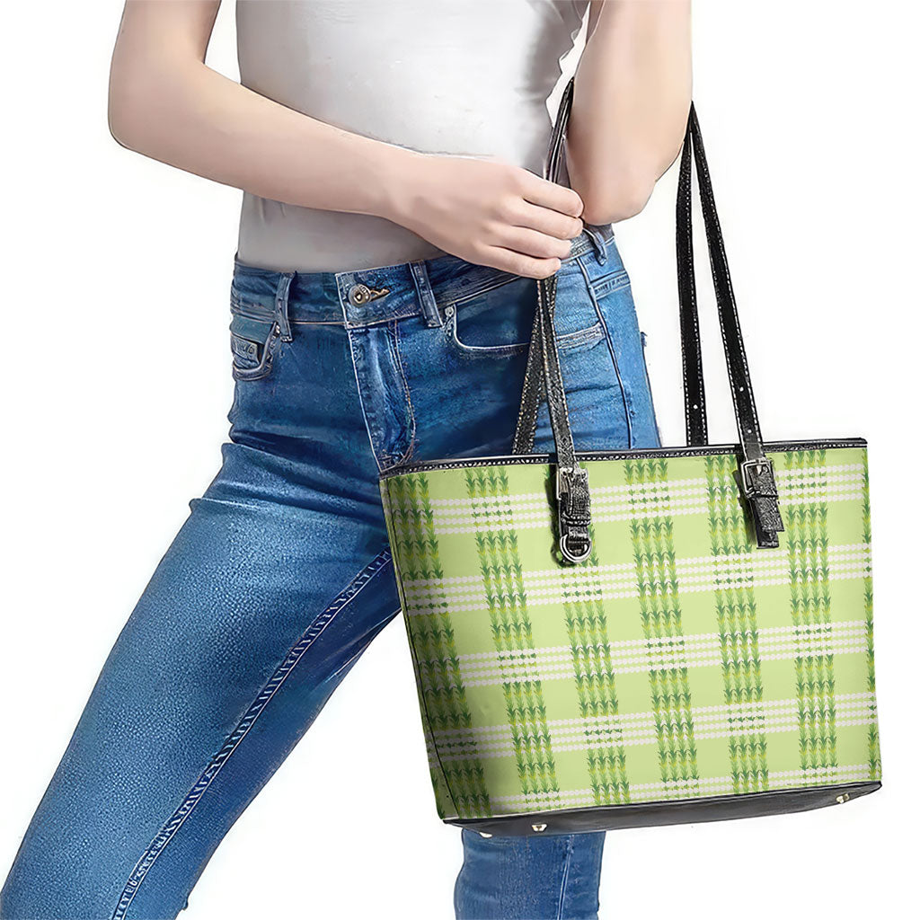 Aloha Hawaii Pakalana Pikake Lei Leather Tote Bag Palaka Inspired Hawaiian-plaid Pastel Green LT14 - Polynesian Pride