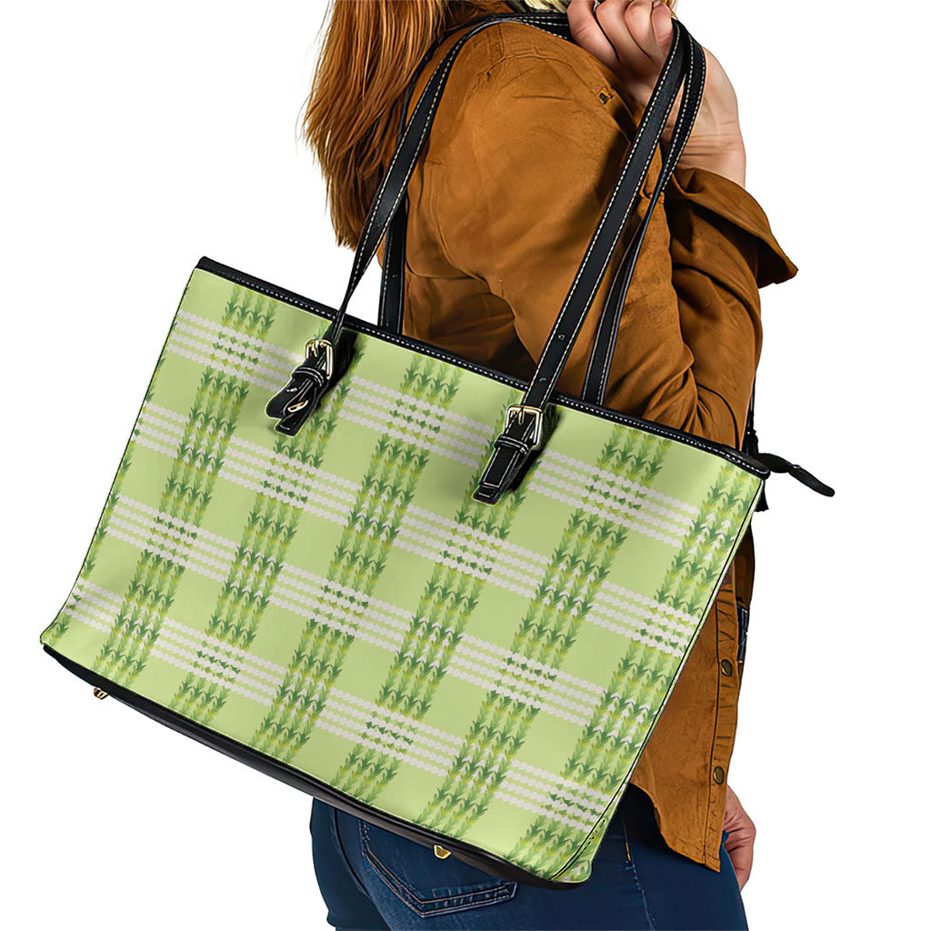 Aloha Hawaii Pakalana Pikake Lei Leather Tote Bag Palaka Inspired Hawaiian-plaid Pastel Green LT14 - Polynesian Pride