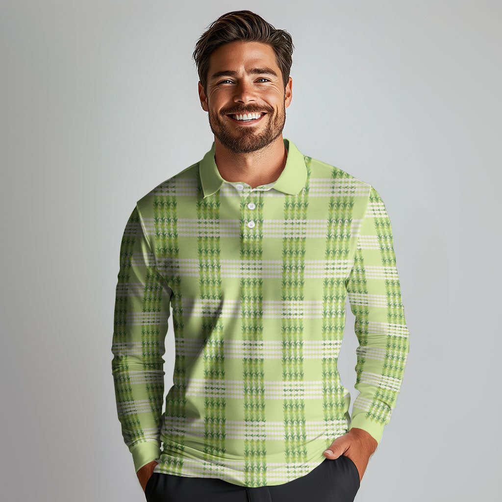 Aloha Hawaii Pakalana Pikake Lei Long Sleeve Polo Shirt Palaka Inspired Hawaiian-plaid Pastel Green LT14 - Polynesian Pride