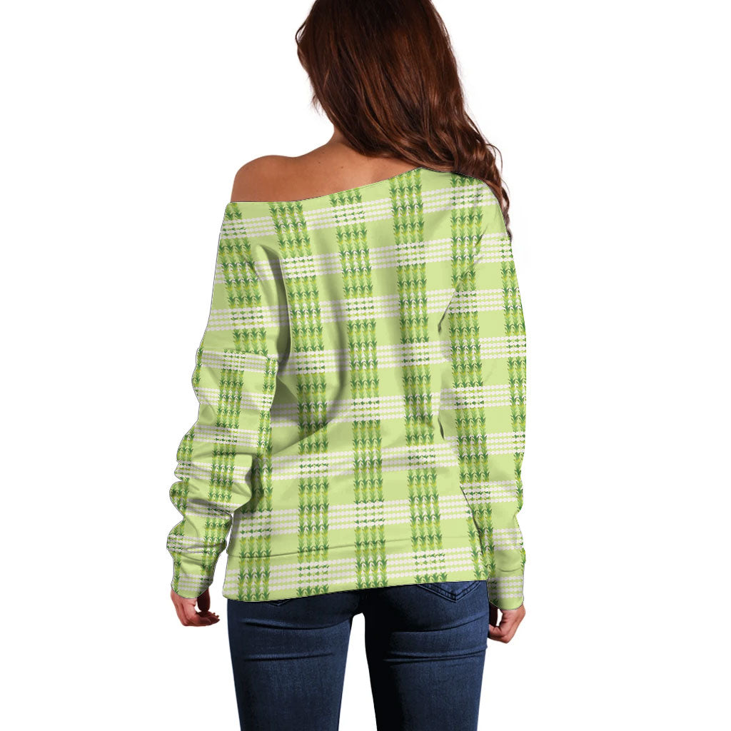 Aloha Hawaii Pakalana Pikake Lei Off Shoulder Sweater Palaka Inspired Hawaiian-plaid Pastel Green LT14 - Polynesian Pride