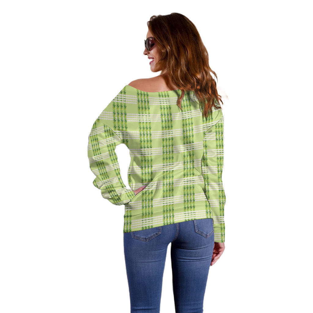 Aloha Hawaii Pakalana Pikake Lei Off Shoulder Sweater Palaka Inspired Hawaiian-plaid Pastel Green LT14 - Polynesian Pride