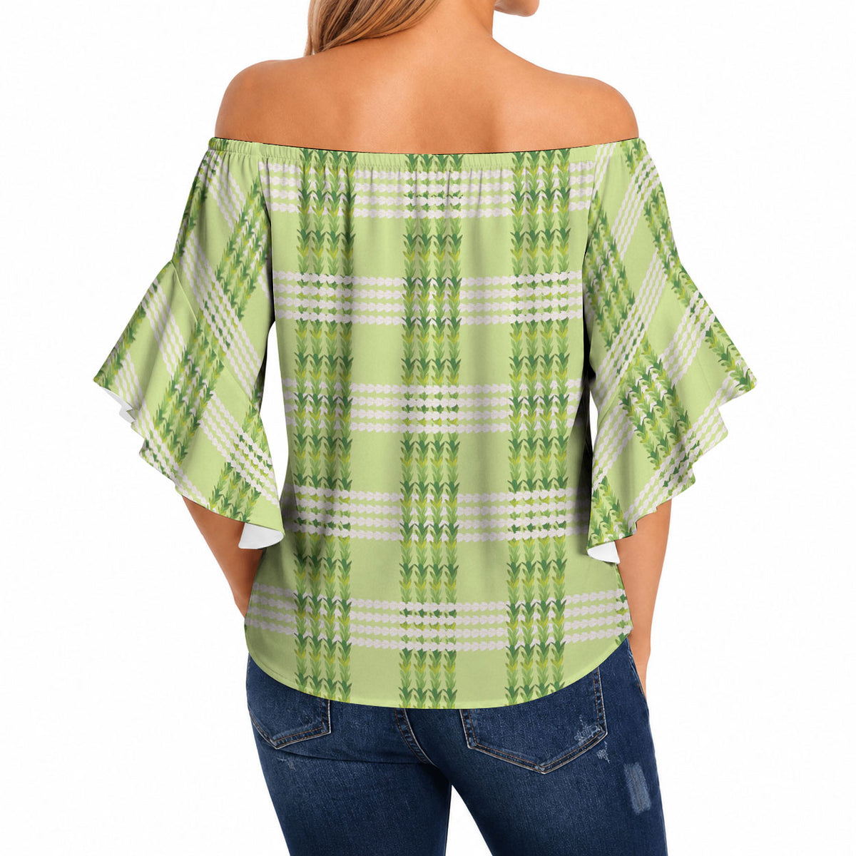 Aloha Hawaii Pakalana Pikake Lei Off Shoulder Wrap Waist Top Palaka Inspired Hawaiian-plaid Pastel Green LT14 - Polynesian Pride